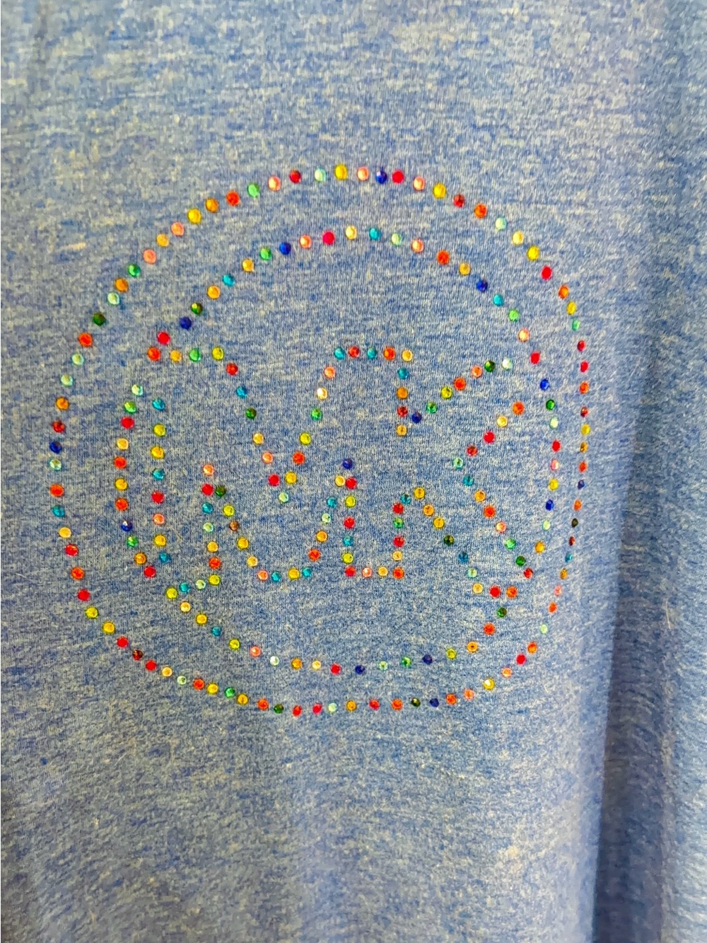 Blue V-Neck Tee with ruffle puff sleeves. Multicolor crystal MK Design - Picture 3 of 7